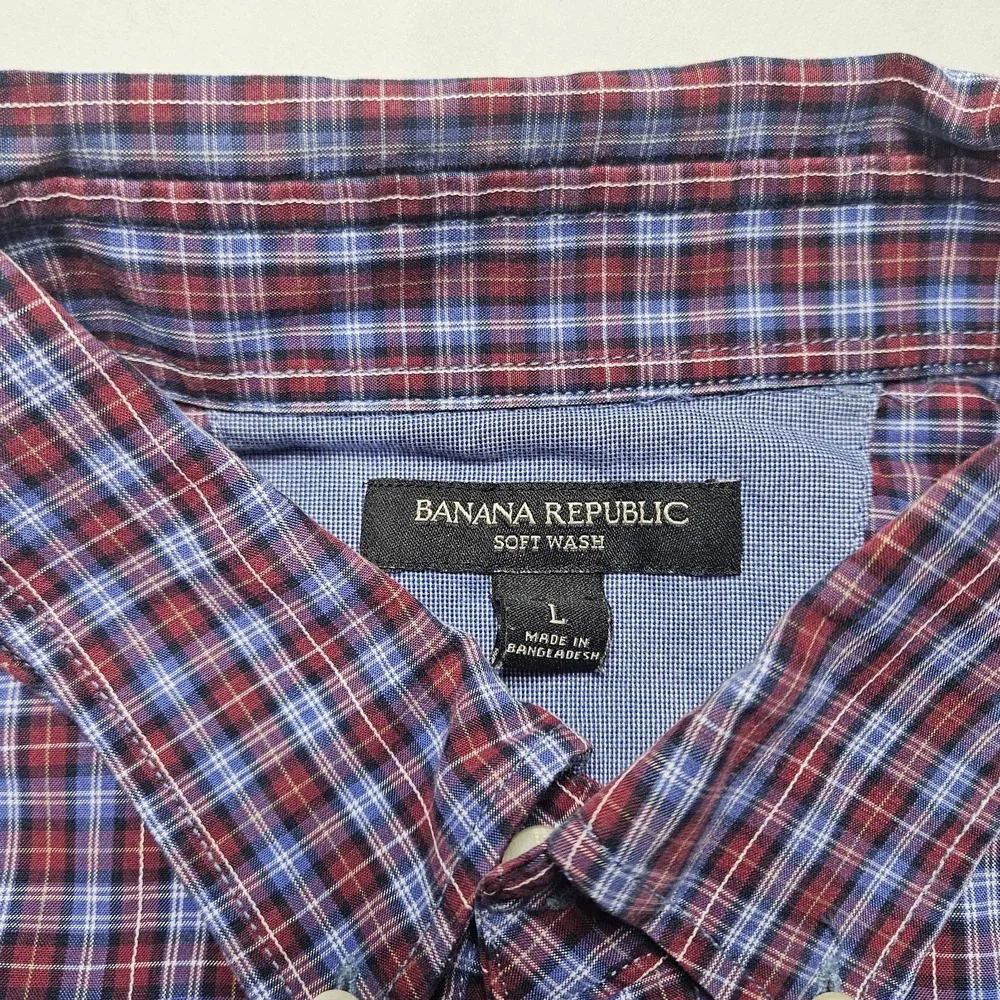 Banana Republic Mens Large L Button Down Shirt Soft Wash Plaid Long Sleeve Blue
